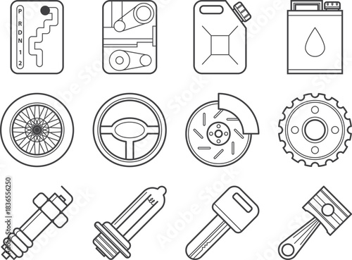 Car Parts Icons Gear Shift Wheel Brake Fuel Can Piston
