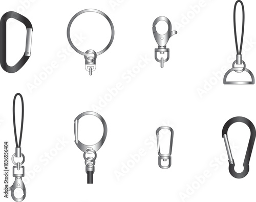 Collection of silver and black metal clasps and keychains