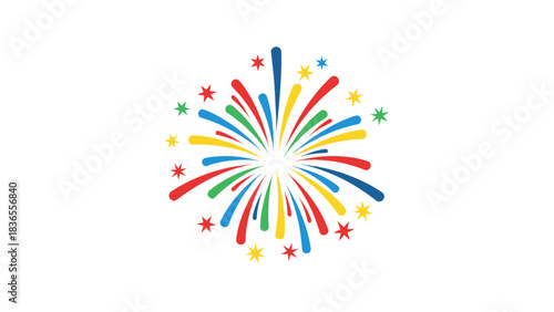 Explosion of colorful abstract festive fireworks radiating outwards on a white background