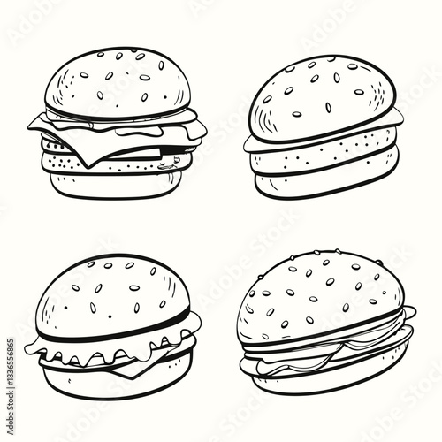 Four doodle style hand drawn burgers are presented in a arrangement clearly