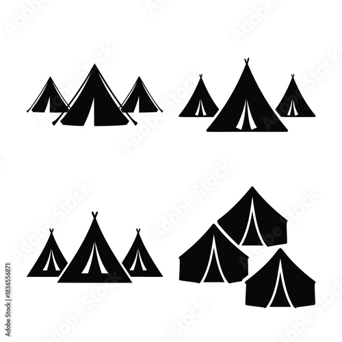 Camping tent icon set, outdoor adventure simple glyph silhouettes
