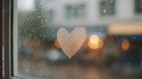 Fototapeta Naklejka Na Ścianę i Meble -  Close-up of a window with raindrops on it. in the center of the image, there is a small heart-shaped object that appears to be made of a textured material.