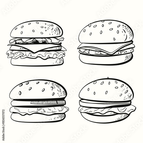 Four burger sketches with visible lettuce, cheese, and sesame seeds are displayed