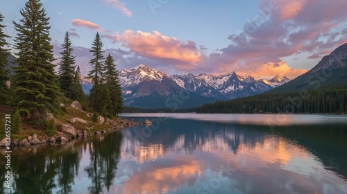 Calm lake reflecting snowy mountains and pink clouds at sunset with evergreen trees on the shore