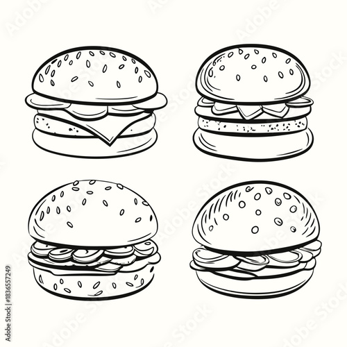 Outlined drawing shows four burgers with sesame seed buns and various fillings
