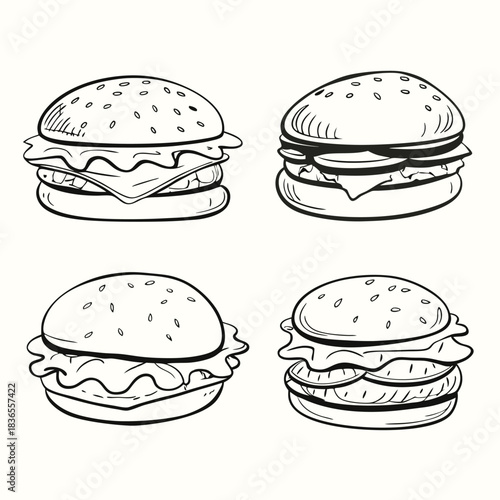 Four delicious handdrawn burger icons display the components in a stylized, artistic way