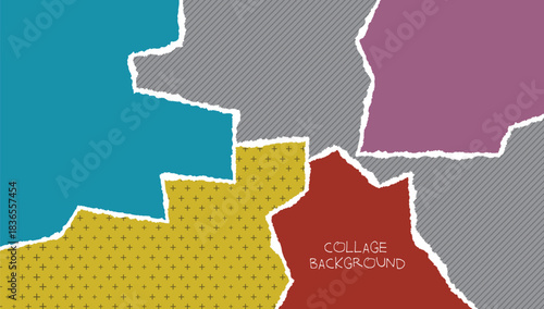Abstract collage background with torn paper shapes in bold colors and patterns. The layered textures create a playful, handmade aesthetic perfect for creative projects, posters, and digital designs.