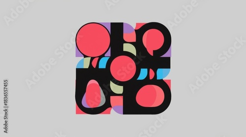 Abstract design featuring circles and curved shapes in red black blue and other muted colors art