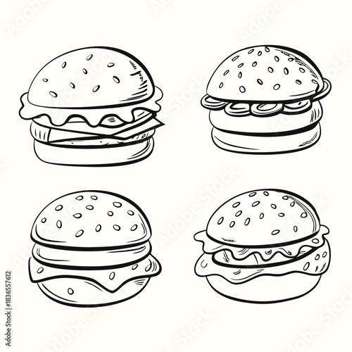 Four unique monochrome burgers showcase varied fillings and toppings on a light background