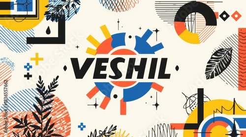 Abstract design with geometric shapes and floral elements featuring the word veshil prominently displayed