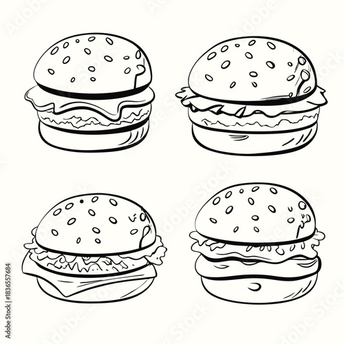 Four monochrome burger drawings show sesame seed buns with lettuce, cheese, and meat