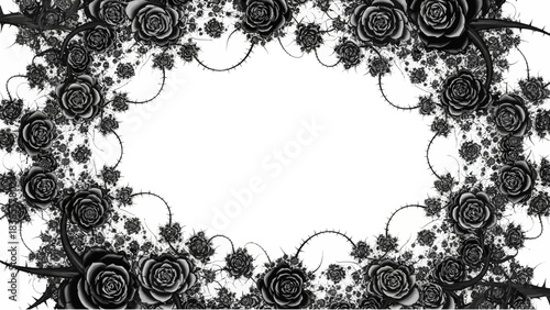 Elegant black and white rose frame with intricate details and thorny accents that creates a gothic