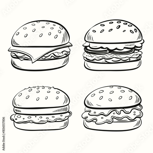 Four detailed burger sketches showcase varying layers, toppings, and sesame seeded buns