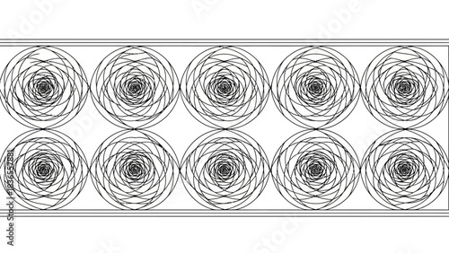 Repeating circular spiral pattern with geometric precision and symmetrical arrangements offers