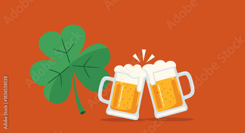 Saint Patrick's Day celebration illustrated with two clinking beer mugs and a large green shamrock on a vibrant orange background.