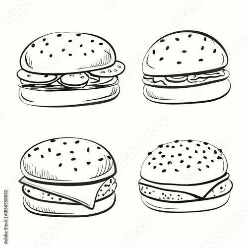 Simple line art shows four delicious burgers with toppings on white background