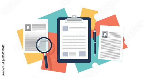 Human resources concept with a clipboard, magnifying glass, and scattered resumes, illustrating the process of reviewing job applications.