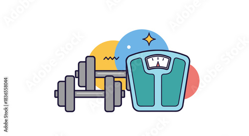 Fitness and weight management concept illustrated with dumbbells for strength training and a scale for tracking progress on a colorful background.