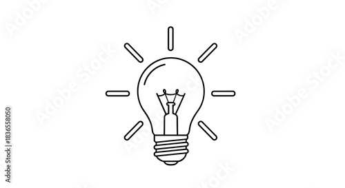 Black and white line art icon of a classic incandescent light bulb with rays, symbolizing a new idea, innovation, and creativity.