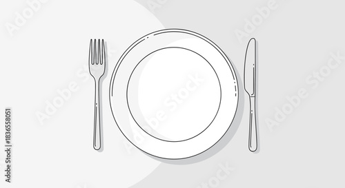 Minimalist line art illustration of a dinner setting with an empty plate, fork, and knife, representing dining, food, and restaurants.