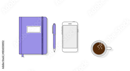 Top-down view of a modern workspace with a purple notebook, pen, smartphone, and a steaming cup of coffee on a white background.