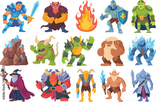 Fantasy character icons, magical beings, monsters, warriors, goblins, demons, knights, wizards, hand-drawn style, game assets, mythical creatures