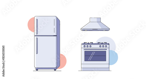 Minimalist line art illustration of essential kitchen appliances including a refrigerator, gas stove, and range hood with subtle color accents.