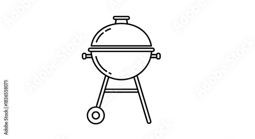 Simple black and white line art icon of a kettle barbecue grill for outdoor cooking, picnics, and summer party concepts on a white background.