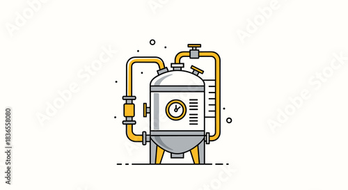 Line art illustration of an industrial boiler or fermentation tank with pipes and a pressure gauge, representing manufacturing and production.