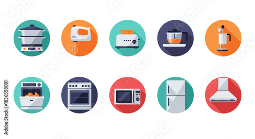 Collection of ten colorful flat design icons with long shadows showcasing a variety of modern kitchen and home cooking appliances.