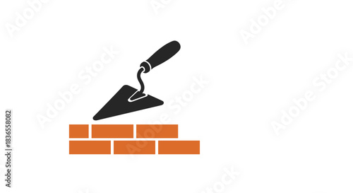 Simple silhouette icon of a trowel and bricklaying, representing construction, building, and masonry work with copy space.