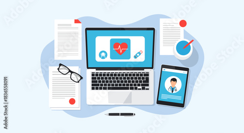 Top-down view of a doctor's desk with a laptop, tablet for telemedicine, and medical documents, representing modern digital healthcare.