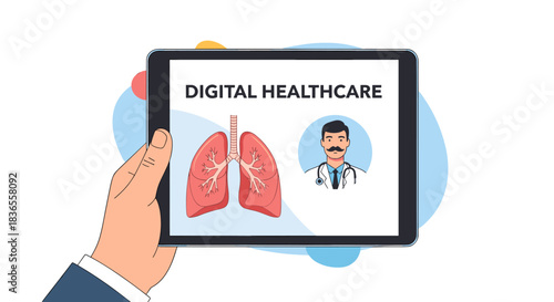Digital healthcare and telemedicine concept showing a hand holding a tablet displaying a doctor icon and human lungs for online consultation.