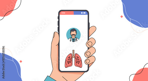 Telemedicine concept for pulmonology illustrated by a hand holding a smartphone with a doctor's icon and lungs on the screen.