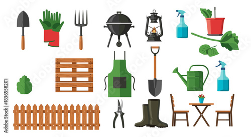 Collection of gardening and backyard barbecue tools and furniture, including a shovel, grill, watering can, and outdoor table.