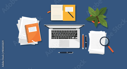 Flat lay illustration of a modern office desk with a laptop, notebooks, plant, and papers for business or study concepts.