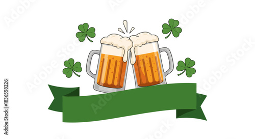 Saint Patrick's Day greeting with two clinking beer mugs, shamrocks, and a green ribbon banner for text on a white background.