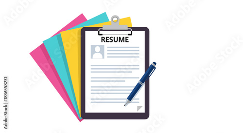 Job application and resume review concept with a clipboard, pen, and a stack of colorful application forms for human resources.