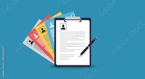 Hiring and recruitment process illustrated with a clipboard holding a resume and a fanned-out stack of colorful candidate applications.