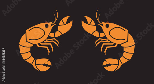Symmetrical design of two orange lobsters facing each other on a dark background, suitable for a seafood restaurant logo or menu.