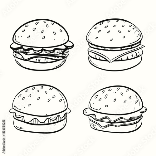 Four simple black and white sketched burgers with seeded buns showcase tasty fillings