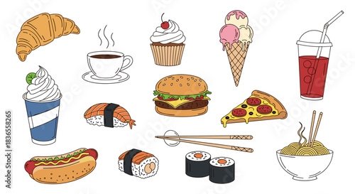 Variety of colorful hand-drawn fast food items and drinks, featuring a hamburger, pizza slice, sushi, hot dog, and desserts.