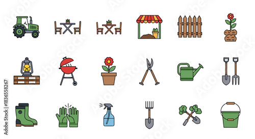 Colorful collection of gardening and outdoor leisure icons, including tools, plants, furniture, and a barbecue grill for backyard activities.