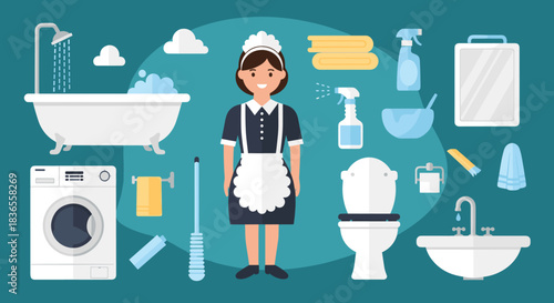 Hotel cleaning service concept with a friendly maid surrounded by various housekeeping items like a bathtub, toilet, and cleaning supplies.