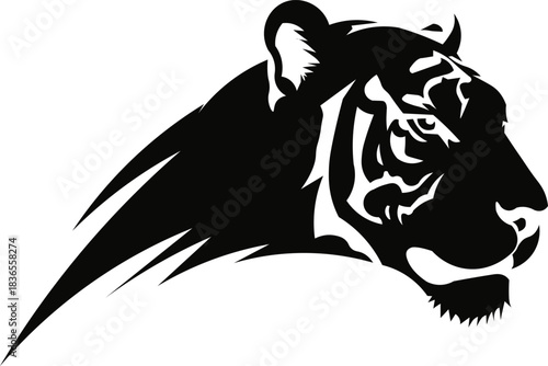 Striking black and white graphic of a tiger head conveying power and strength in a minimalist design