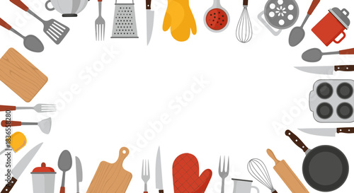 Rectangular frame made of various kitchen utensils and cooking tools, creating a border with copy space for recipes or menus.