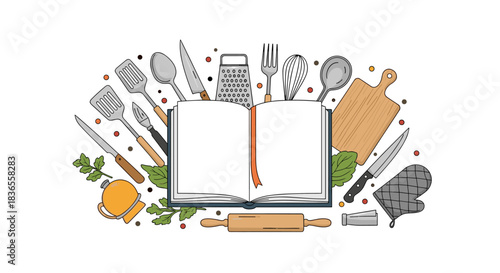 Cooking concept illustration with an open recipe book for notes surrounded by essential kitchen utensils and fresh herbs.