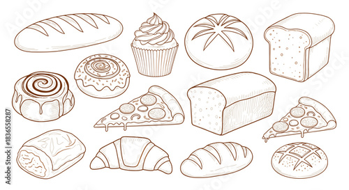 Collection of hand-drawn bakery products and pastries in a vintage sketch style, including bread, croissants, pizza, and cinnamon rolls.