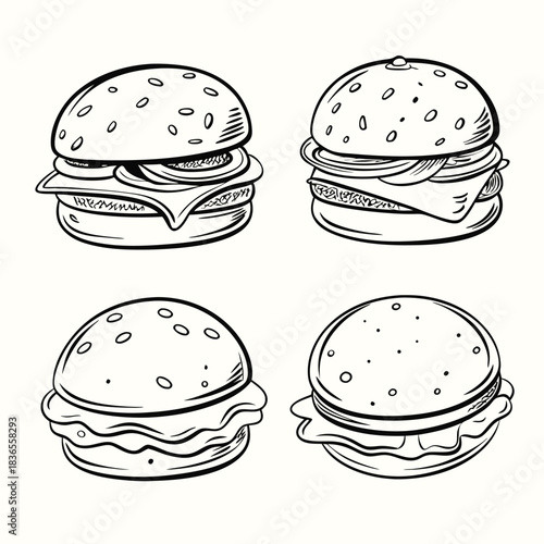 Burger drawings showcase appetizing layers of cheese, lettuce, and toppings in simple black outline