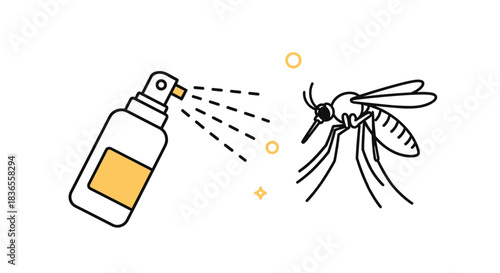 Minimalist line art illustration of a spray bottle of insect repellent being used to deter a mosquito, symbolizing pest control.